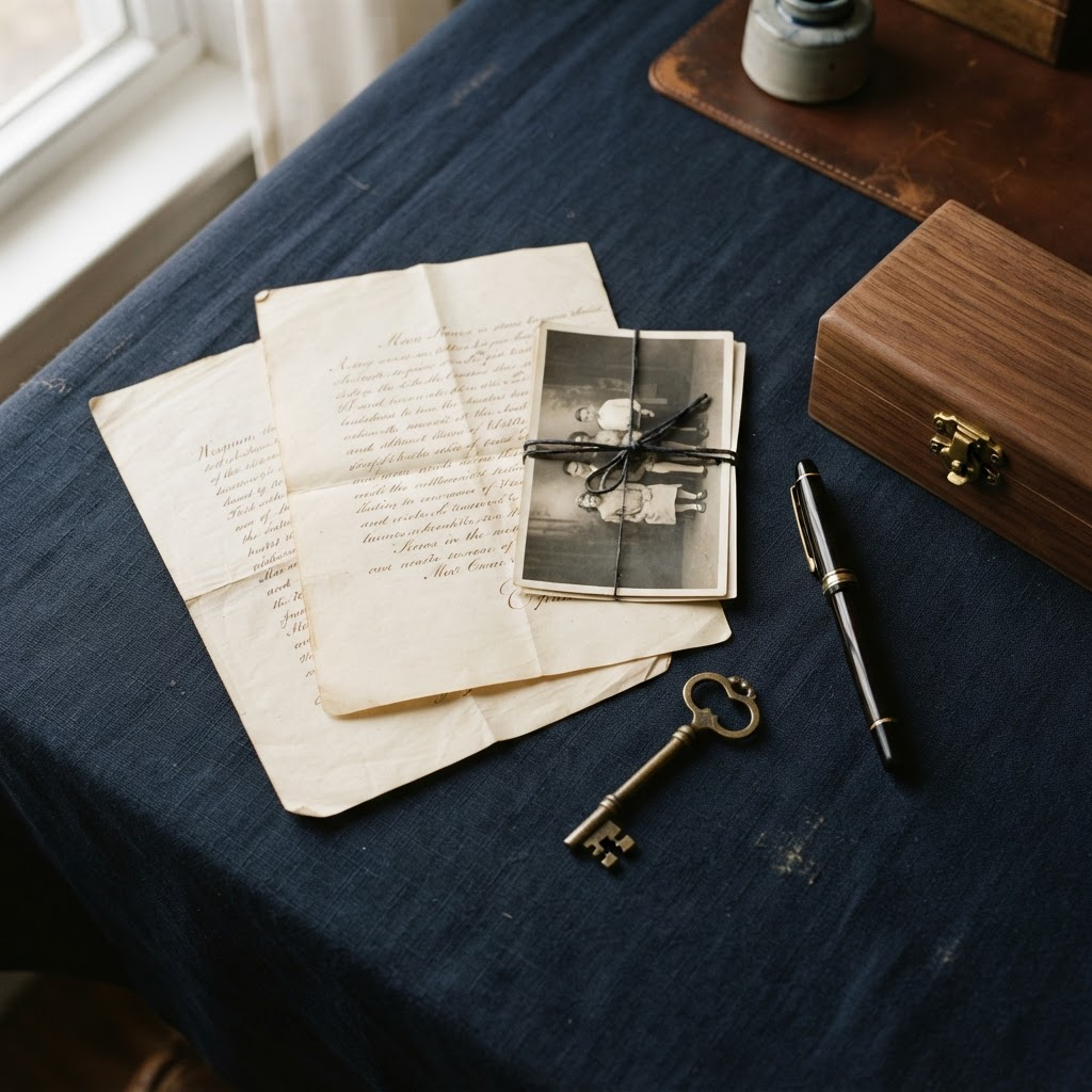Family documents, an antique key and a fountain pen arranged on a desk